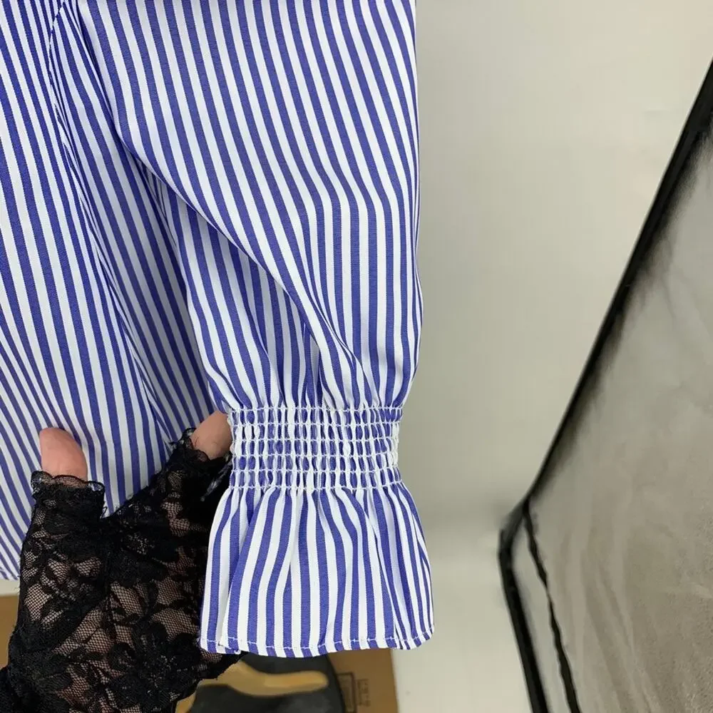 Tuckernuck Blouse Women S Small White Blue Easton Striped VNeck Long Puff Sleeve